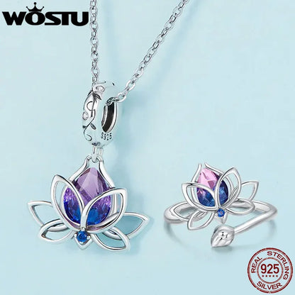 925 Sterling Silver Bi Color Lotus Flower Ring For Women Drop Purple pink Crystal Opening Rings Wedding Party Jewelry Gift