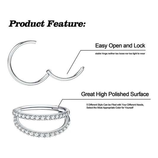 Titanium CZ 16G Septum Clicker Nose Rings Double Hoop Open Stack Daith Helix Tragus Cartilage Earrings Conch Piercing Jewelry