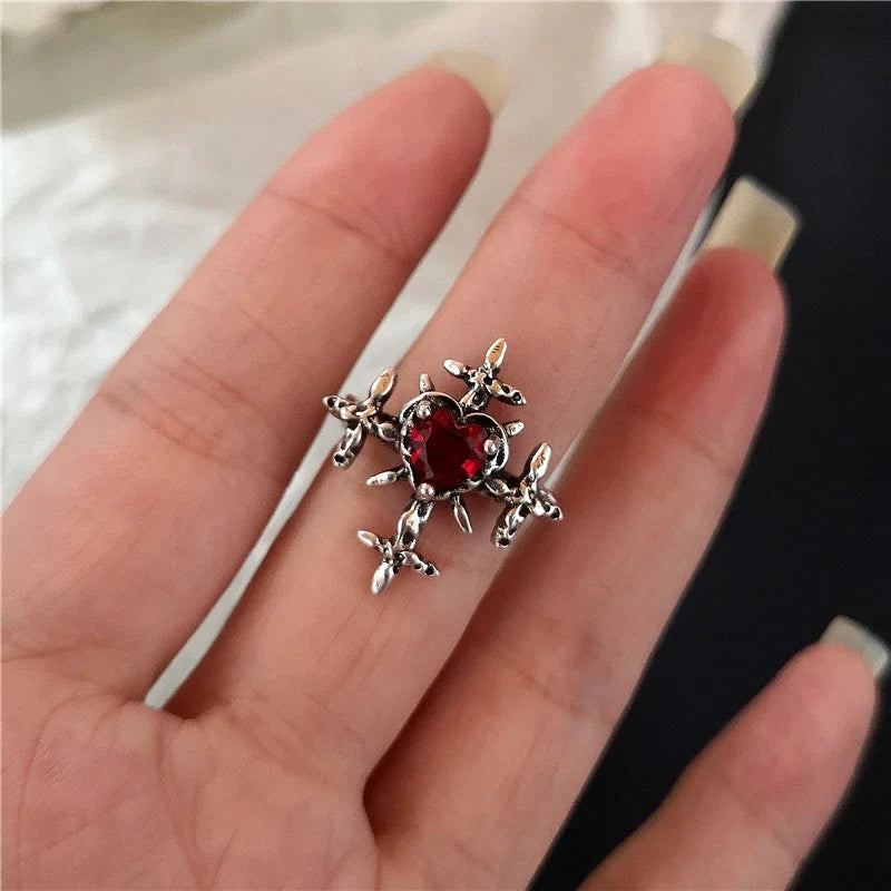 Goth Punk Retro Red Crystal Love Heart Cross Geometry Irregular Open Ring Set Y2K Halloween Accessories For Women Kpop Jewelry