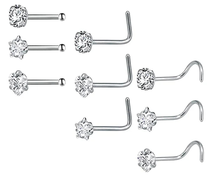 ZS 3-12pcs/lot Stainless Steel Nose Stud Set Round Heart Star CZ Crystal Nose Piercings 3MM L Shape Nostril Piercing Jewelry 20g