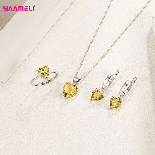 Fine 925 Sterling Silver Color Jewelry Gift Sets for Women Female Romantic Heart Zircon Huggie Earrings Pendant Necklace Ring