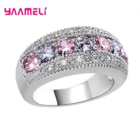 Luxury Pink/Purple Cubic Zircon Wedding Ring 925 Sterling Silver Plated Jewelry for Women Men Wedding Engagement Accessories