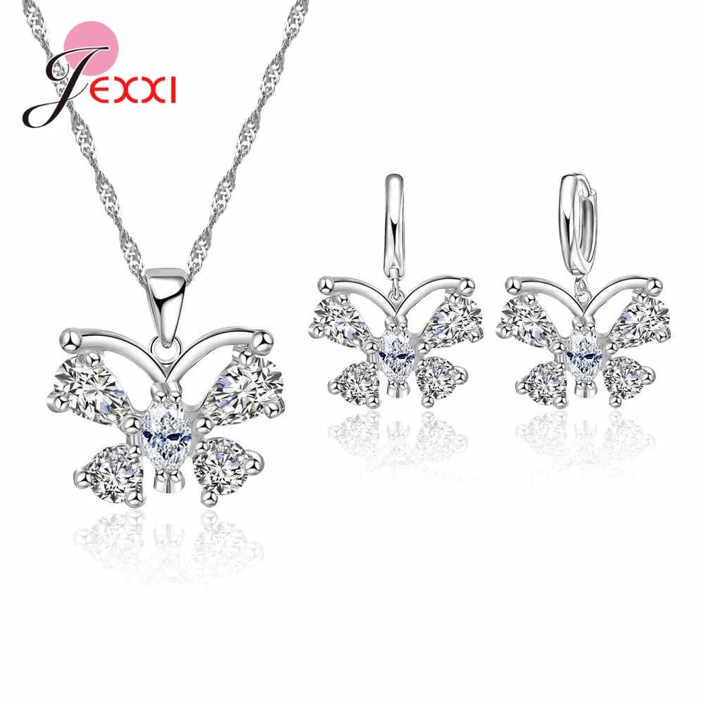 New Brand Bridal Jewelry Sets 925 Sterling Silver Statement Flower Butterfly Choker Necklaces Zirconia Earrings for Women Gift