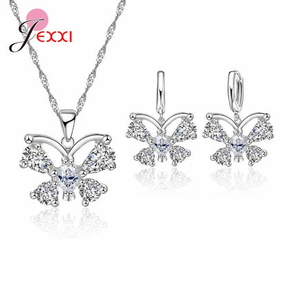 New Brand Bridal Jewelry Sets 925 Sterling Silver Statement Flower Butterfly Choker Necklaces Zirconia Earrings for Women Gift