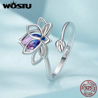 925 Sterling Silver Bi Color Lotus Flower Ring For Women Drop Purple pink Crystal Opening Rings Wedding Party Jewelry Gift