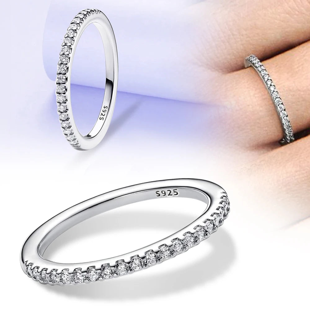 925 Sterling Silver Black Sparkling Row Eternity Ring For Women CZ Cubic Zircon Star Moon Flower Wedding Jewelry Rings Gifts