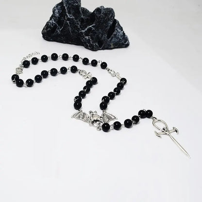 Vampire Ankh Rosary Occult Vamp Bead Necklace Goth Punk Bat Cross Pendant Necklace Handmade Beaded Egyptian Tradgoth Jewelry