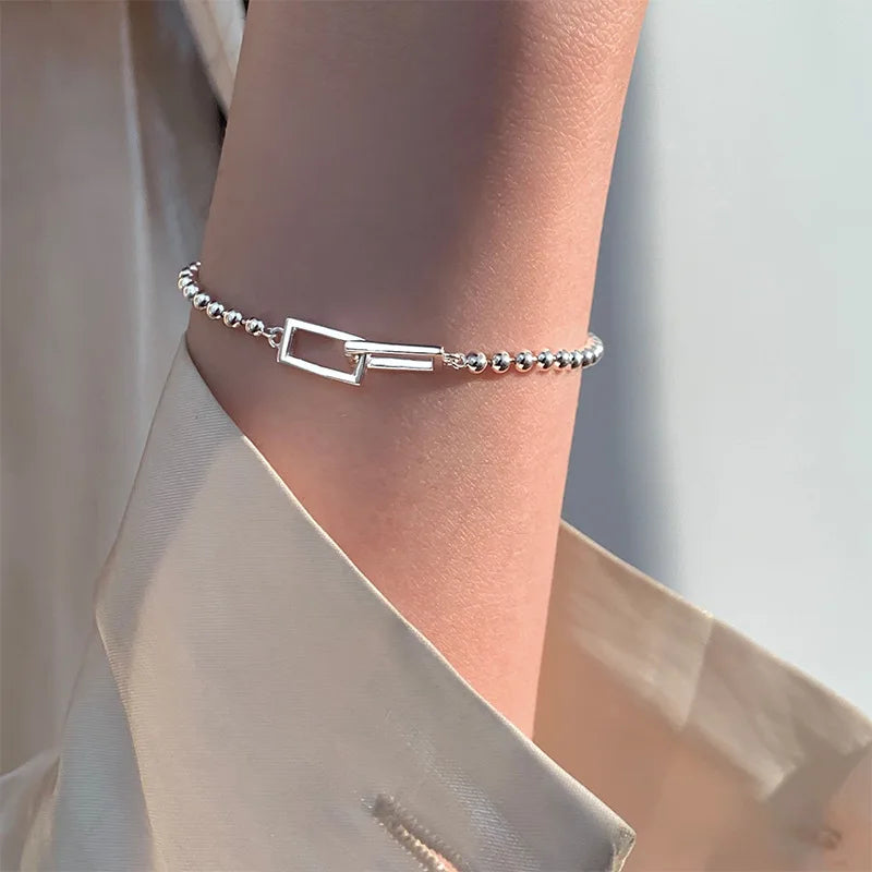 VENTFILLE 925 Sterling Silver Geometric Square Round Bead Bracelet For Women Personality Temperament Simple Hand Jewelry Party