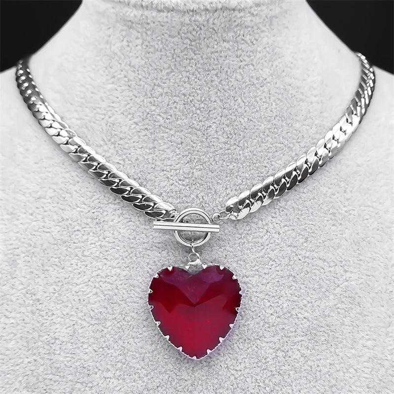 Goth Punk Red Heart Necklace Choker for Women Stainless Steel Silver Color Glass Pendant Clavicle Chain Necklaces Jewelry NXS03