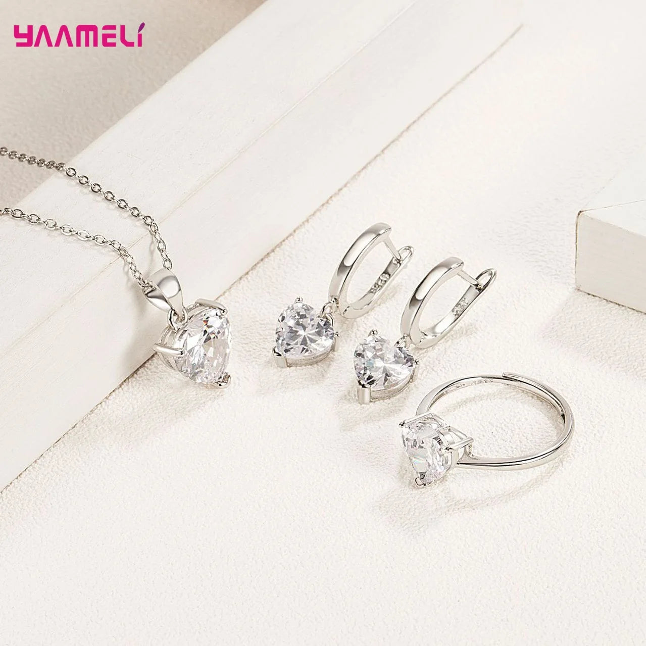 Fine 925 Sterling Silver Color Jewelry Gift Sets for Women Female Romantic Heart Zircon Huggie Earrings Pendant Necklace Ring