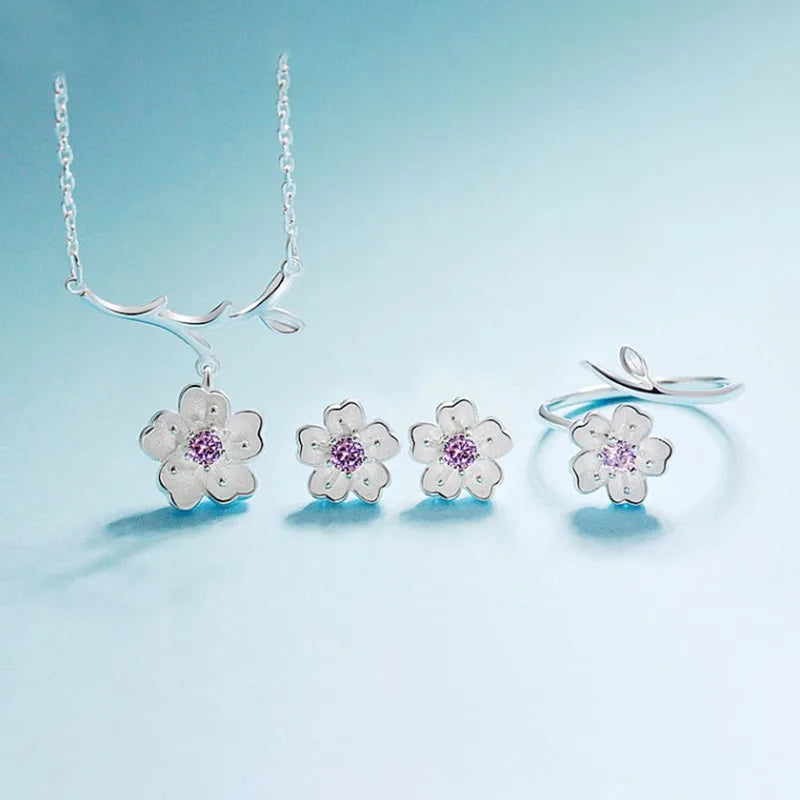 925 Sterling Silver Jewelry Sets Romantic Cherry Blossoms Flower Necklace+Earrings+Ring+Bracelet joyas de plata For Women Gift