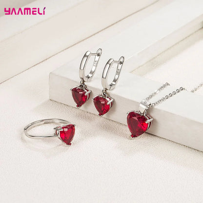 Fine 925 Sterling Silver Color Jewelry Gift Sets for Women Female Romantic Heart Zircon Huggie Earrings Pendant Necklace Ring