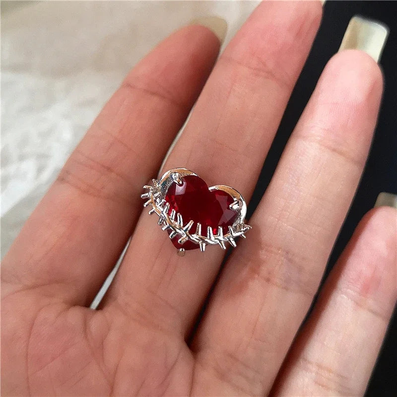 Goth Punk Retro Red Crystal Love Heart Cross Geometry Irregular Open Ring Set Y2K Halloween Accessories For Women Kpop Jewelry