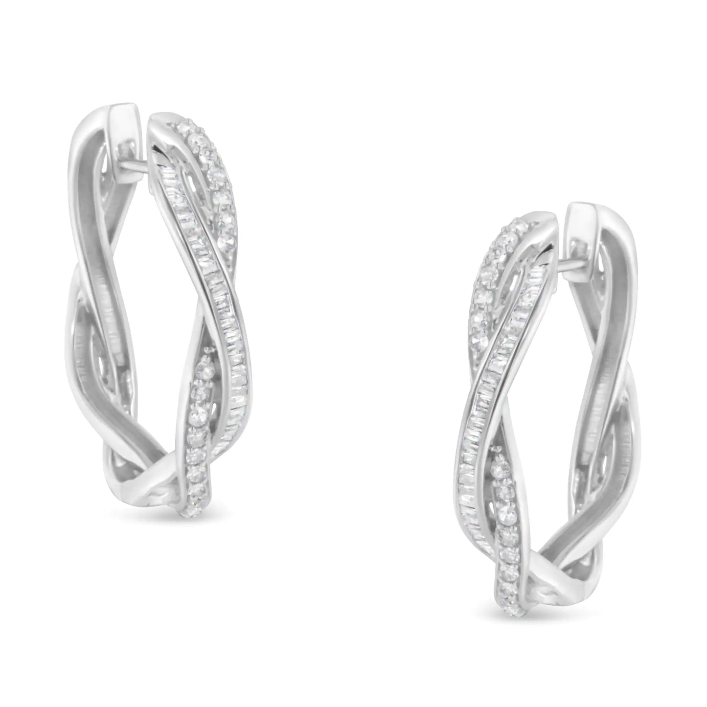 Sterling Silver Pave & Baguette Diamond Hoops