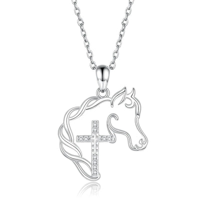 925 Sterling Silver Cross Horse Necklace Pendant Jewelry Gifts for Women