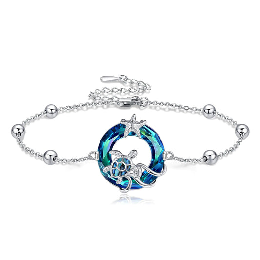 MONGAS Turtle Bracelet for Women 925 Sterling Silver Crystal Starfish Turtle Adjustable Bracelet Sea Turtle Jewelry for Women