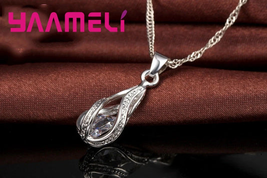 Water Drop CZ 925 Sterling Silver Plated Jewelry Set For Women Pendant Necklace Hoop Earrings Wedding Party Ceremoey Anel