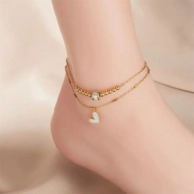 Fashion Jewelry Boho Classic Love Heart Ankle Chain Double Layer Chain Bracelet Anklet Charm Tassel Leg Chain On Foot Chain Women Party Jewelry Accessories