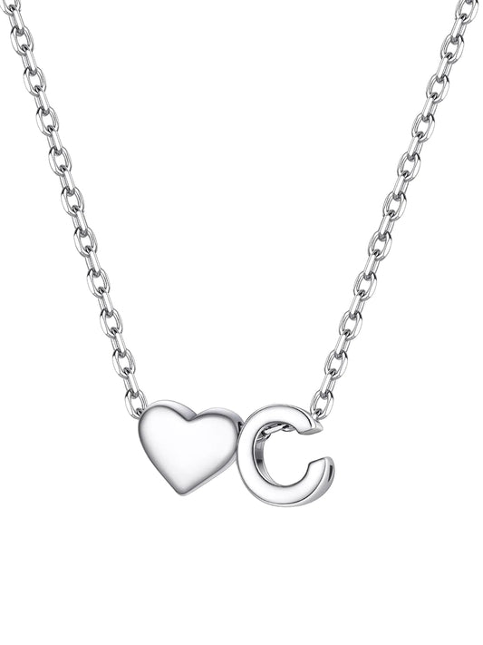 Silvery Heart Charm Initial C Necklace