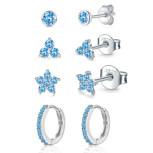 Sterling Silver Stud Earrings Set for Women Teens Hypoallergenic 4 Pairs Cartilage Helix Flower Round Blue Cubic Zirconia Stud Hoops Sets for Multiple Piercings